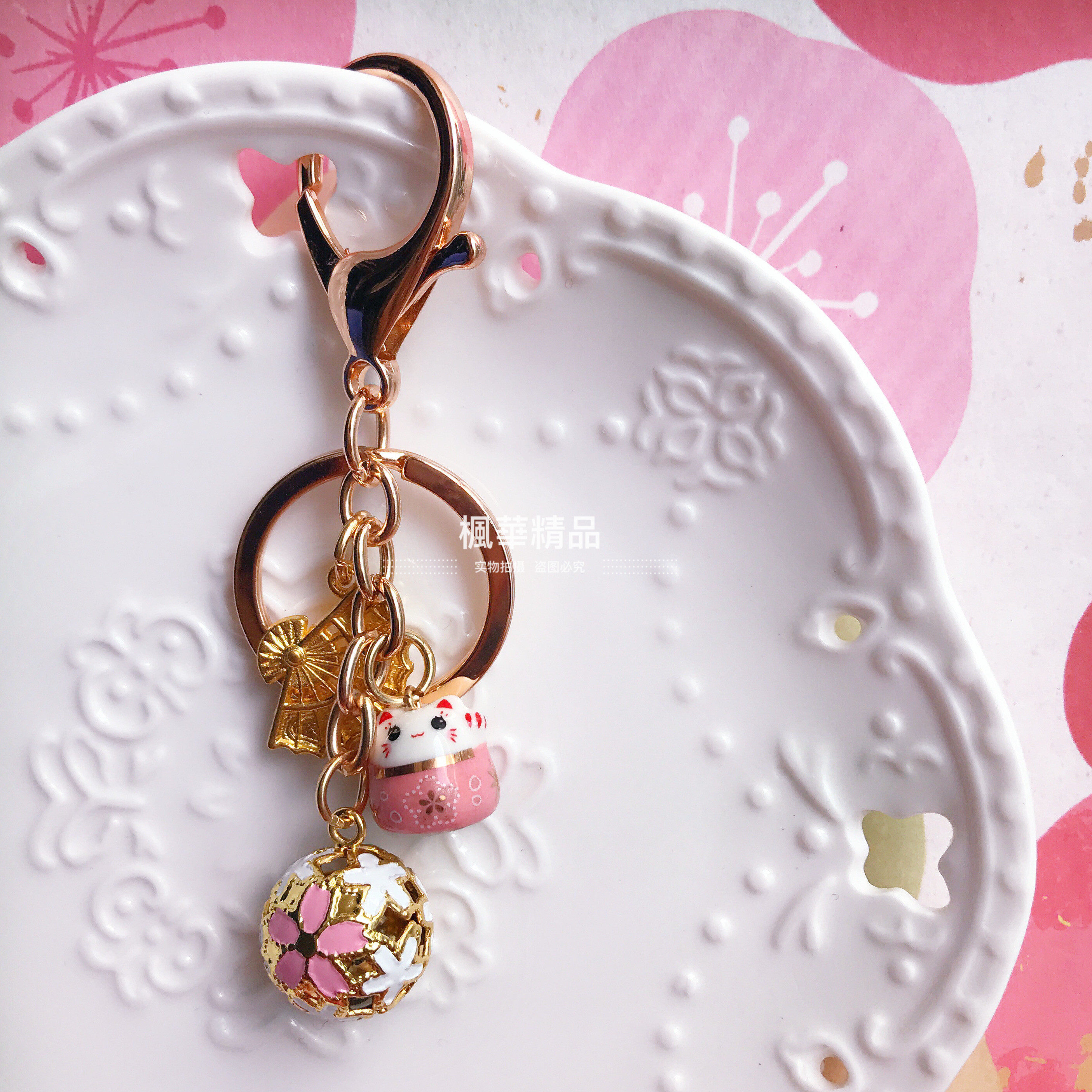 日本御守可爱粉色樱花镂空铃铛陶瓷猫祈福招福招财包包挂件挂饰