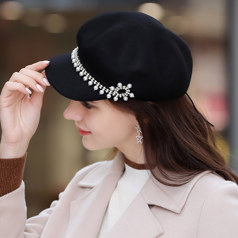 帽子女秋冬鸭舌帽女士英伦贝雷帽羊毛呢礼帽珍珠水钻卡其色八角帽