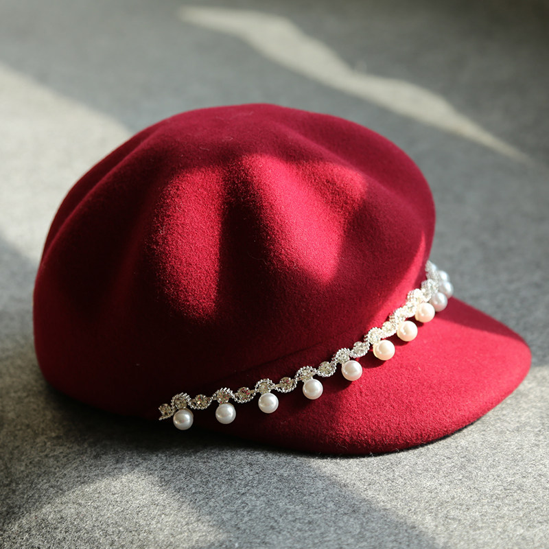 帽子女秋冬鸭舌帽女士英伦贝雷帽羊毛呢礼帽珍珠水钻卡其色八角帽