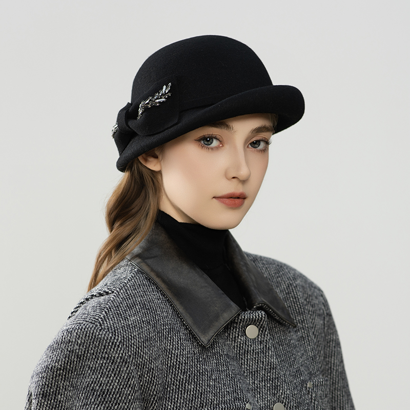 法式优雅羊毛呢礼帽女秋冬复古蝴蝶结镶钻装饰名媛风高级感盆帽