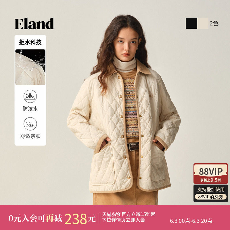 【拒水科技】【含绵羊毛】ELand衣恋棉服女菱格中长款冬新款