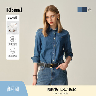 女老钱风小翻领正肩合身版 Eland衣恋衬衫 型牛仔上衣冬 100%棉