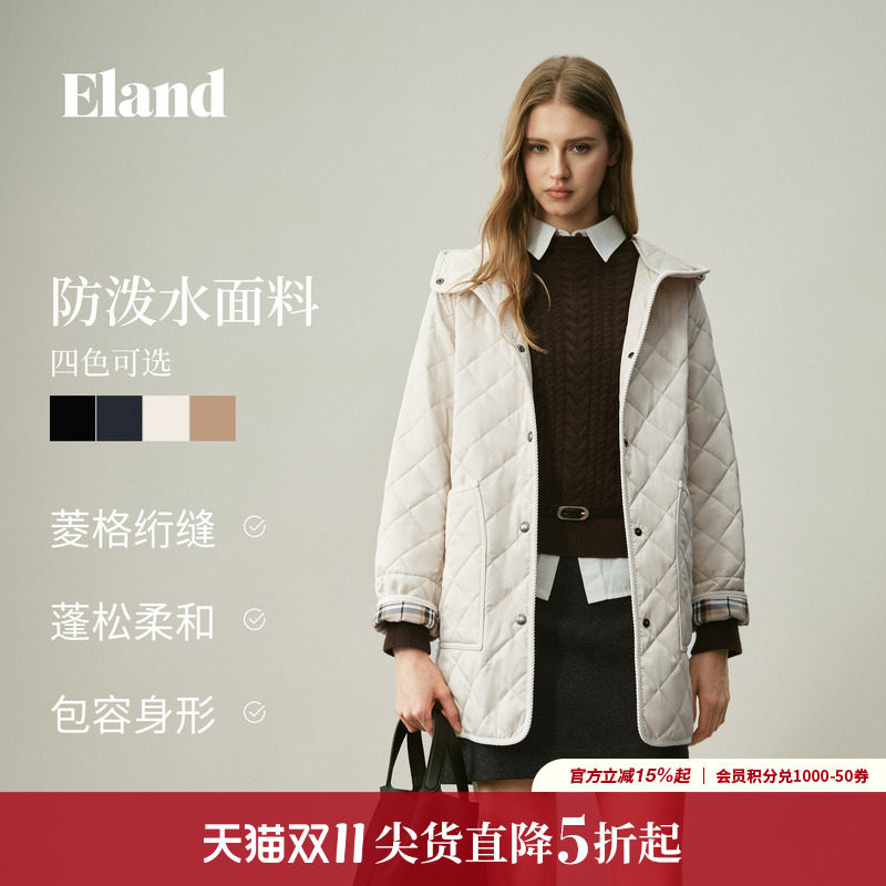 ELAND防泼水菱格中长款棉服外套