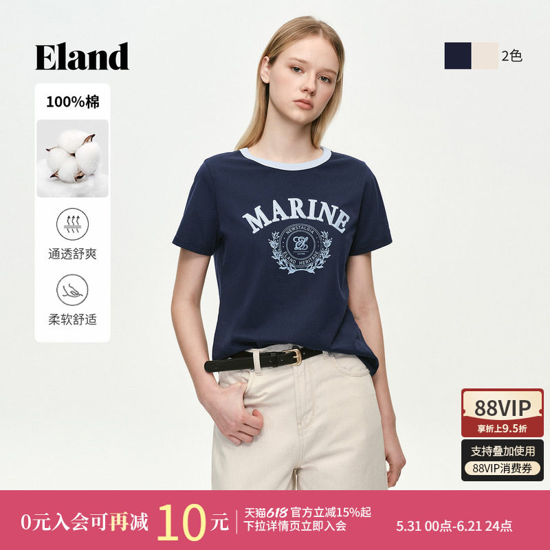 【100%棉】Eland衣恋T恤女时尚海军风圆领短袖上衣2026夏季新款