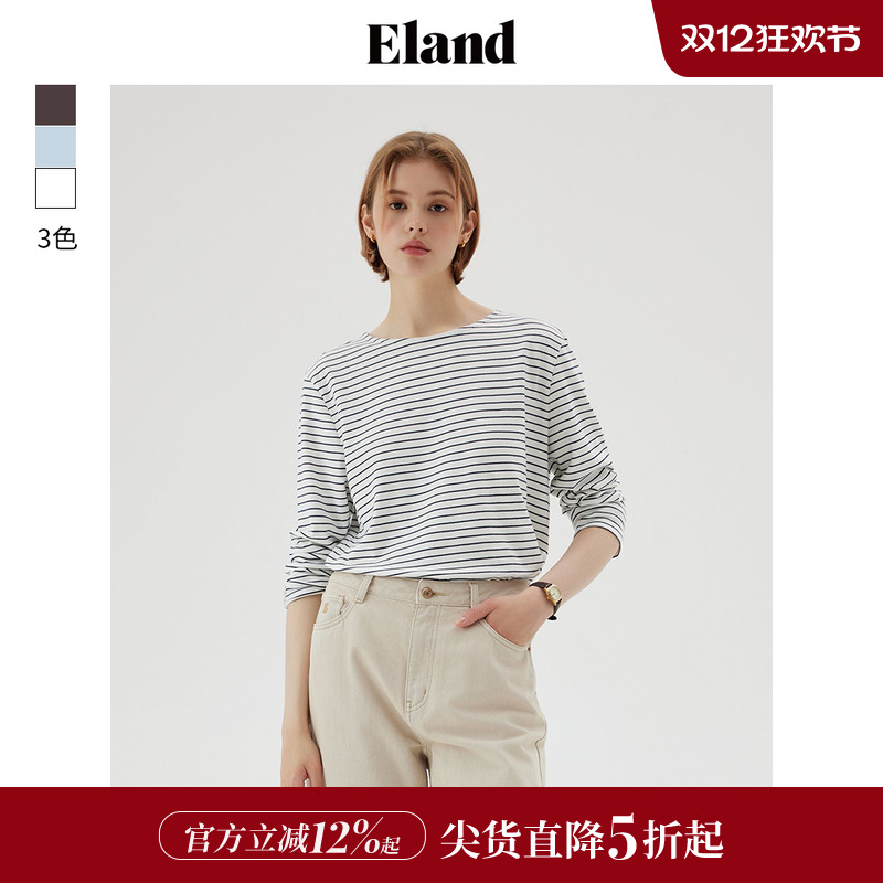ELAND经典条纹弹力圆领打底衫