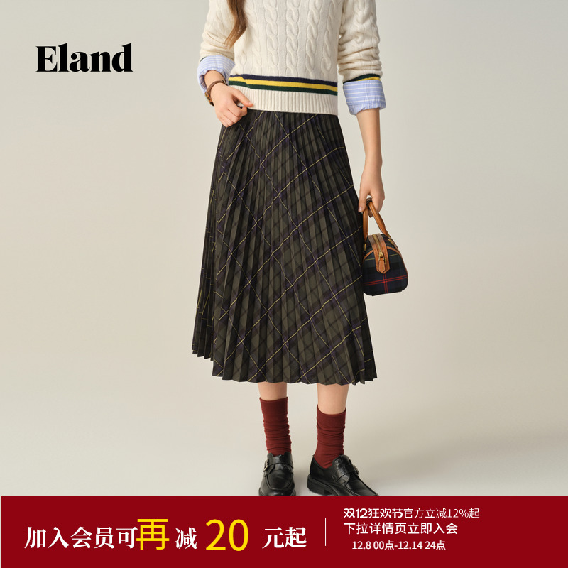 ELAND半身裙伞裙中长裙格纹