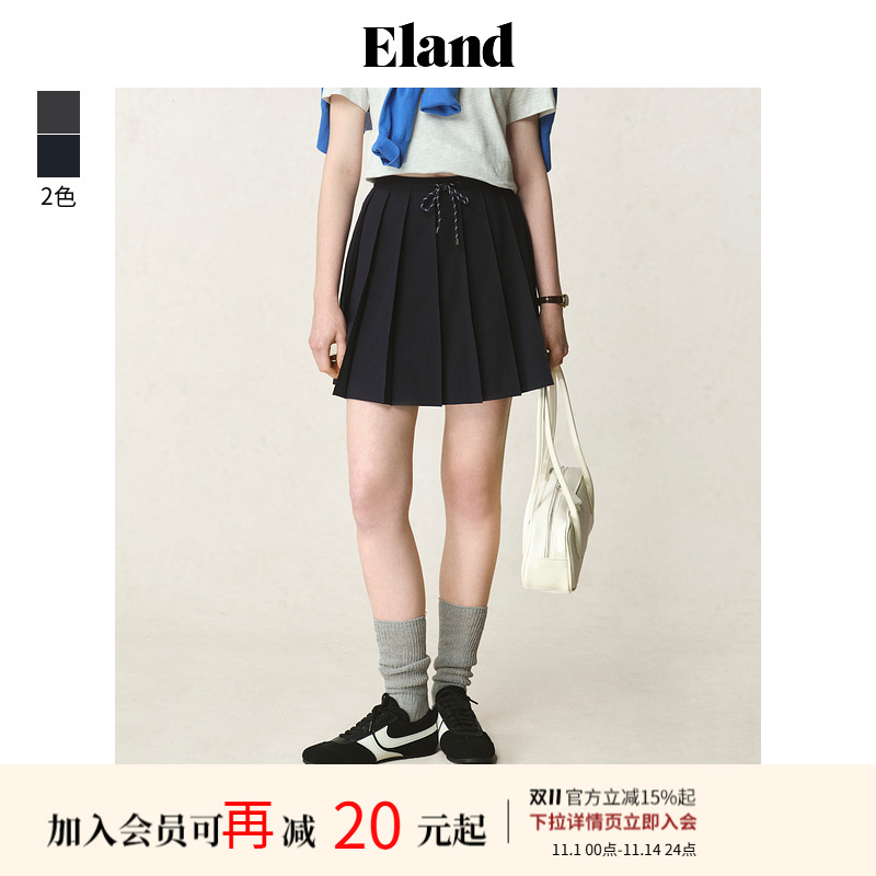 Eland衣恋半身裙女a字腰绳设计斜插口袋百褶通勤短裙2025夏季新款