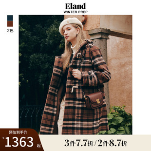 羊毛系列 Eland衣恋毛呢大衣格纹双面呢牛角扣外套