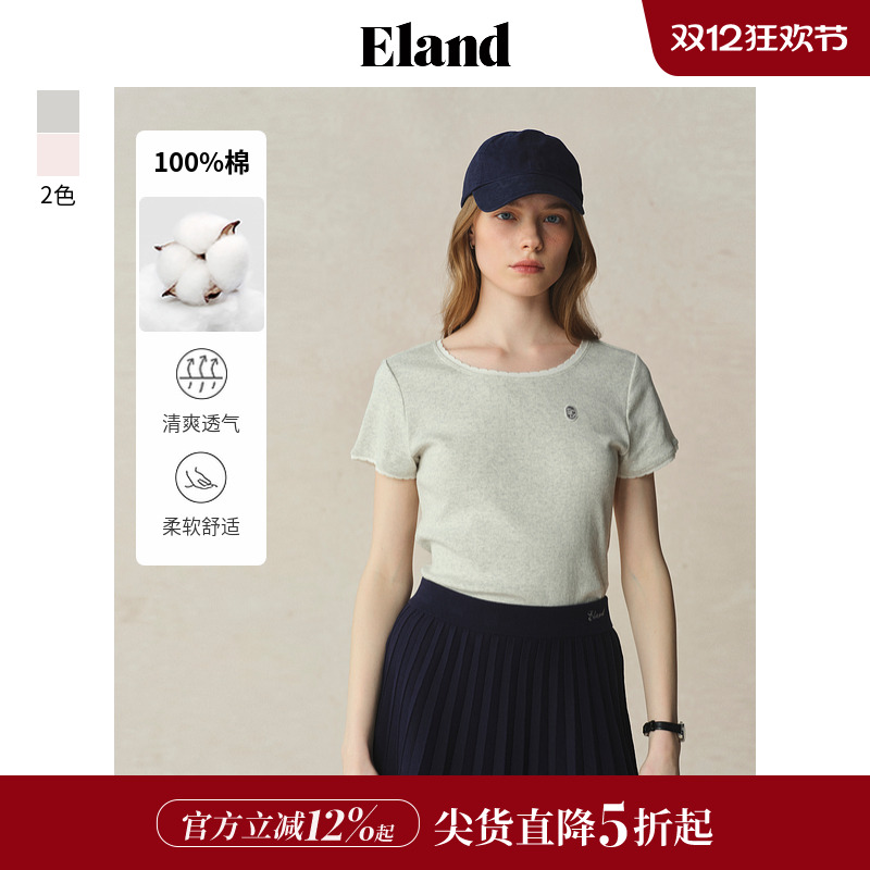 ELAND圆领T恤短袖针织花边