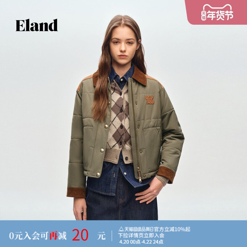 Eland衣恋棉衣女翻领长袖大口袋通勤棉服外套2026春季新款