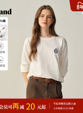 【100%棉】Eland衣恋T恤女圆领长袖纯色休闲上衣2025冬季新款