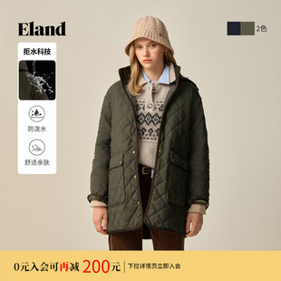 Eland衣恋棉服女中长款 菱格连帽外套冬季 新款 拒水科技