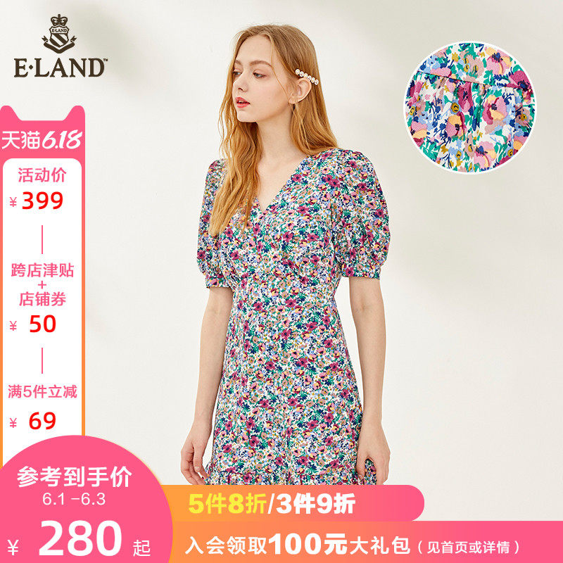 ELAND2020夏季新款复古碎花泡泡袖V领连衣裙女收腰显瘦EEOWA66Q8I