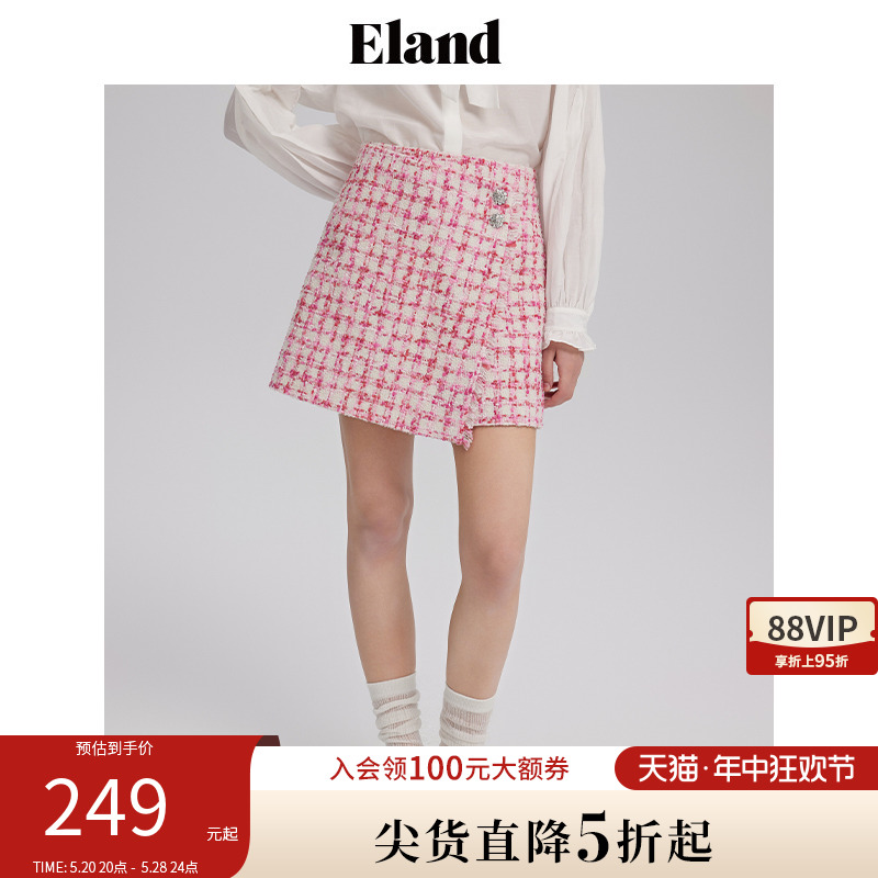 Eland衣恋短裤女年春甜美格纹小香风粗花呢显瘦A字裙裤