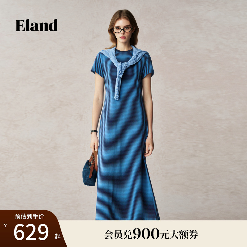 Eland衣恋条纹连衣裙女圆领短袖修身长裙2025夏季新款