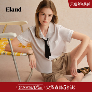 新款 Eland衣恋衬衫 上衣25夏季 口蕾丝边学院风领结短袖 女古巴领袖