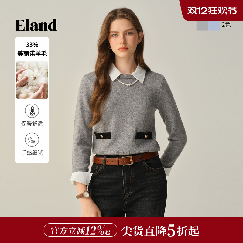 ELAND毛衣撞色翻领套头针织衫