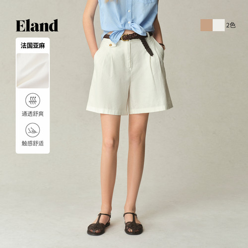 ELAND短裤褶皱休闲含亚麻
