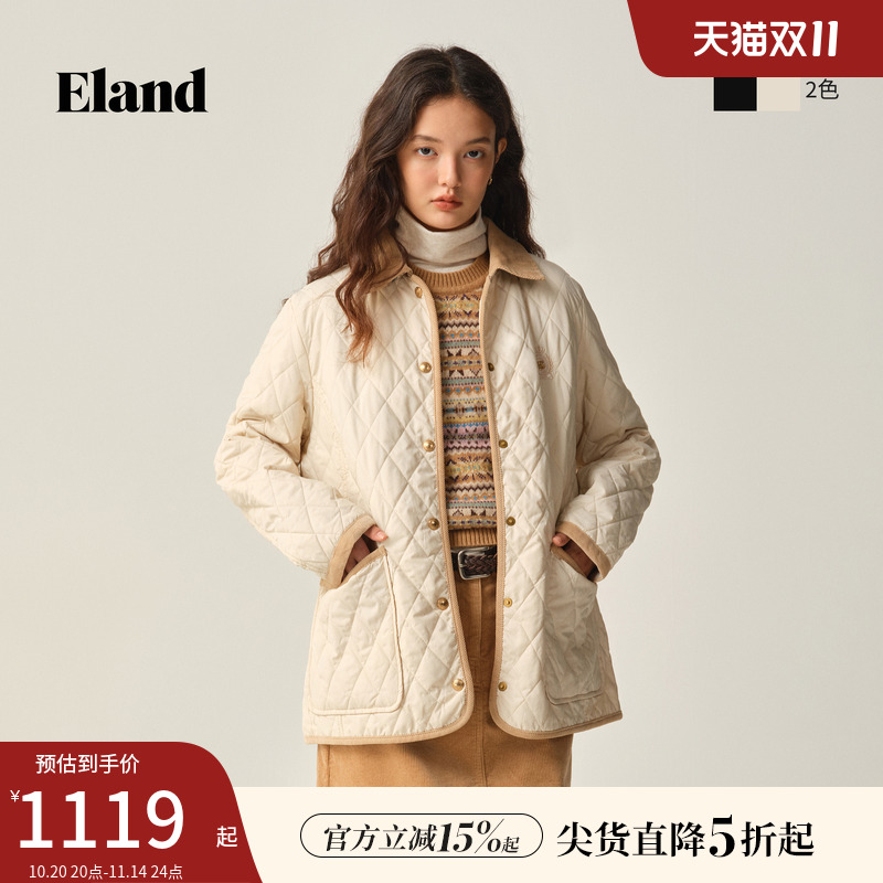 Eland衣恋棉服男女款老钱风大口袋翻领中长款外套2025冬季新款