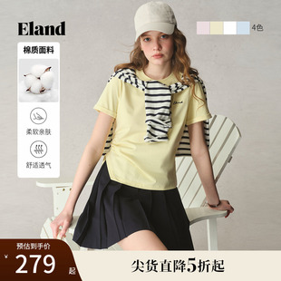 新款 Eland衣恋T恤女袖 上衣2025夏季 口翻边抽绳开衩设计短袖 修身