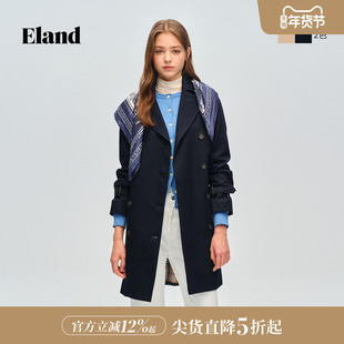 Eland衣恋风衣女时尚休闲双排扣翻领中长款外套2026春季新款