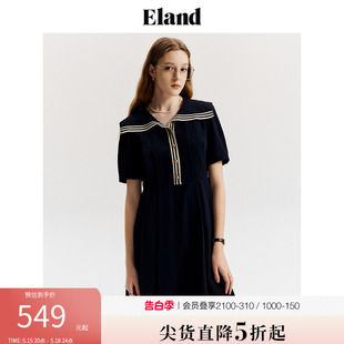 新款 连衣裙女复古优雅百褶裙子2024夏季 Eland衣恋海军领短袖