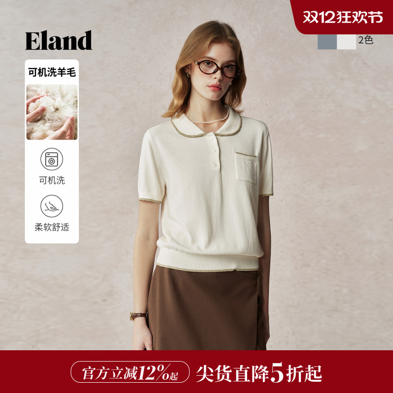 ELAND毛衣女翻领针织T恤短袖