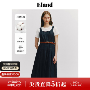 新款 度假风复古牛仔裙子2024夏季 Eland衣恋纯棉背带连衣裙美式