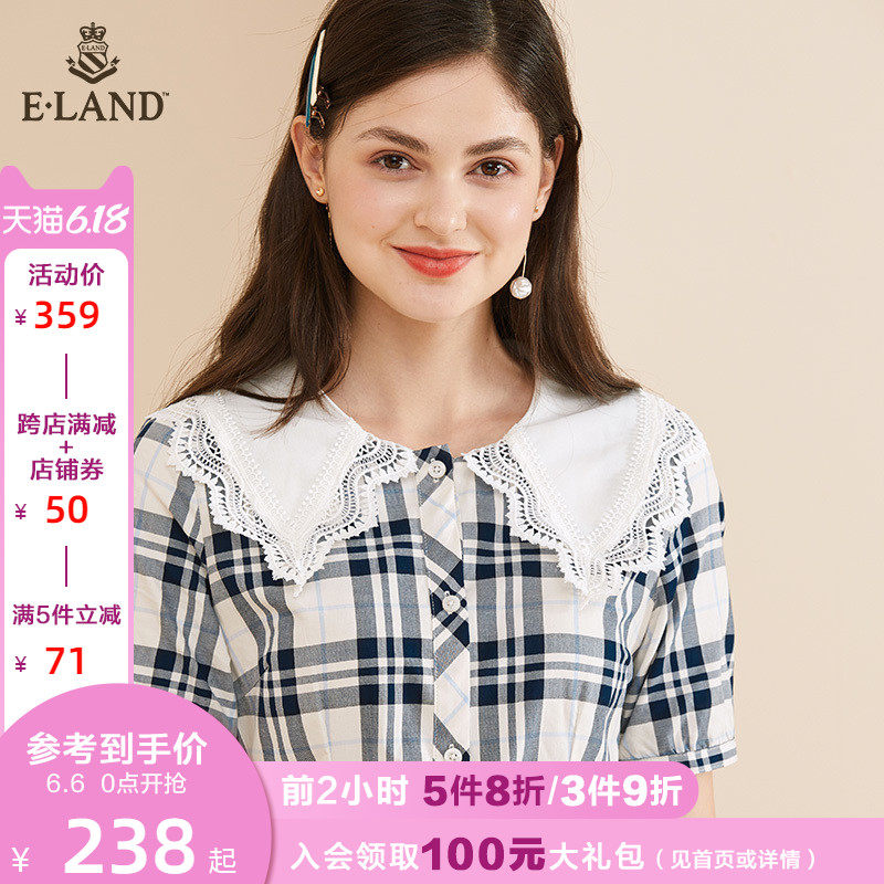 ELAND新款女复古风格纹收腰显瘦系带休闲连衣裙EEOW938W5N