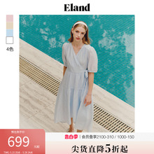 Eland衣恋不规则短袖连衣裙女交叉V领肌理感蛋糕裙子2024夏季新款