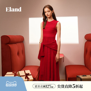 Eland衣恋连衣裙女无袖圆领针织裙优雅收腰百褶裙红裙2026春新款
