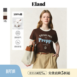 上衣25夏季 口撞色短袖 Eland衣恋T恤女学院风圆领袖 新款 100%棉