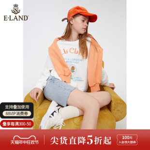 春季 Eland衣恋简约字母印花卫衣女玫瑰刺绣圆领套头卫衫