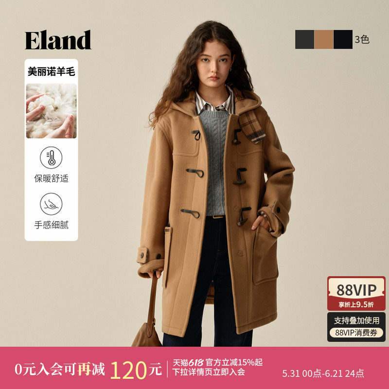 【美丽诺羊毛】ELand衣恋毛呢外套女牛角扣加厚羊毛大衣冬新