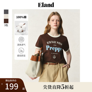 上衣25夏季 口撞色短袖 100%棉 新款 Eland衣恋T恤女学院风圆领袖