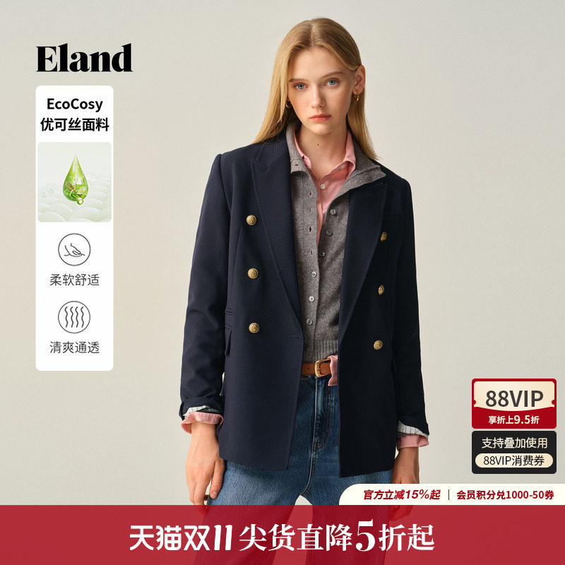 【优可丝】Eland衣恋西装女时尚双排扣长袖通勤外套冬季新款