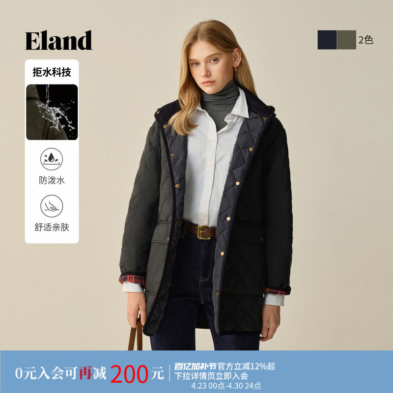【拒水科技】Eland衣恋棉服女中长款菱格连帽含羊毛外套冬季新款
