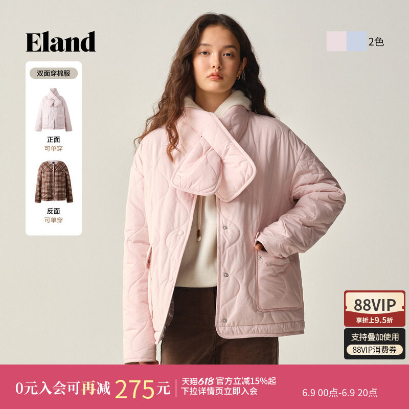 【正反两穿】Eland衣恋棉服女时尚保暖围巾外套冬季新款