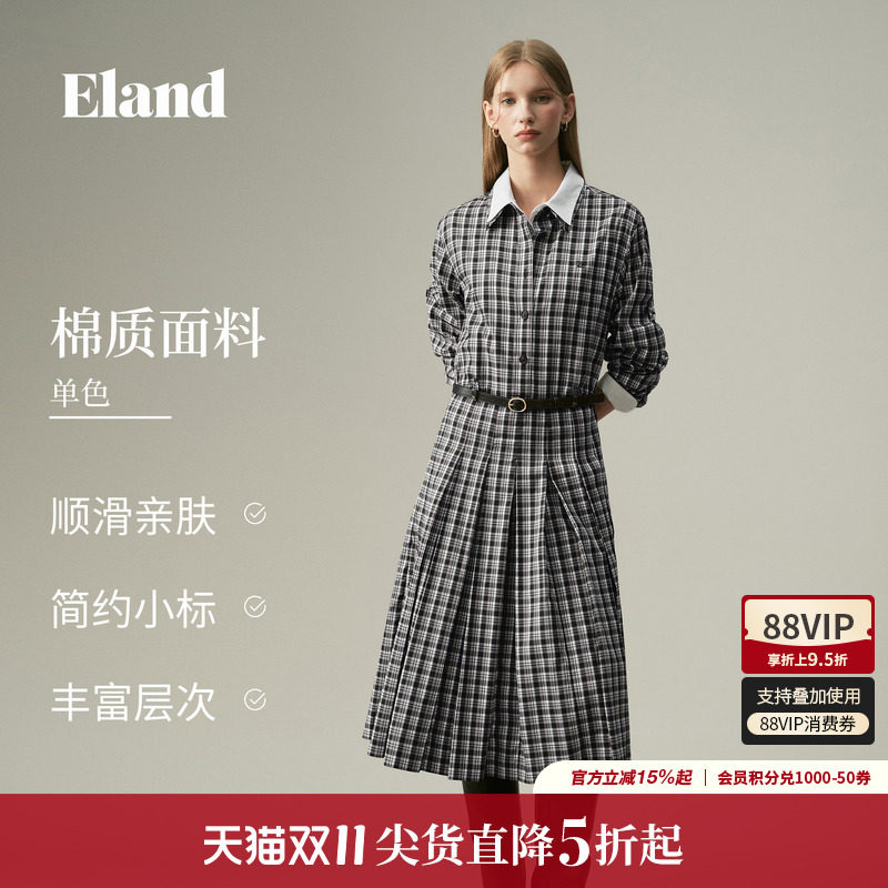ELAND衬衫领长袖单排扣格纹裙