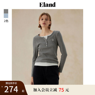 T恤女学院风假两件罗纹v领上衣春 95%棉 Eland衣恋长袖