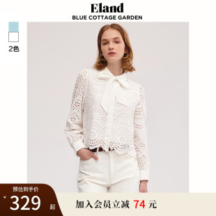 Eland衣恋长袖 衬衫 女蝴蝶结镂空刺绣少女甜美风上衣春夏款