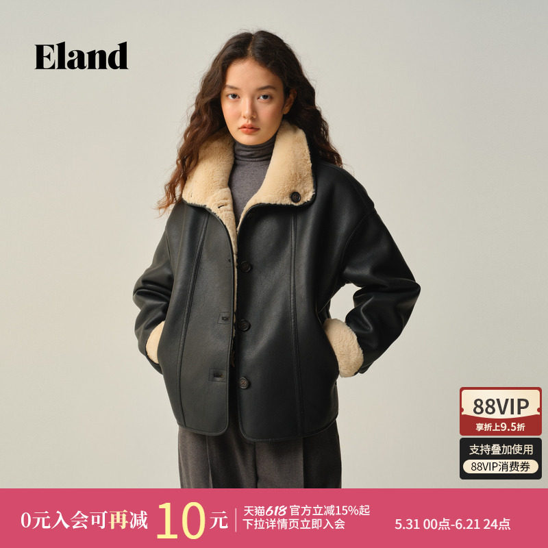 【正反两穿】Eland衣恋皮草女复古毛绒翻领短款夹克冬季新款
