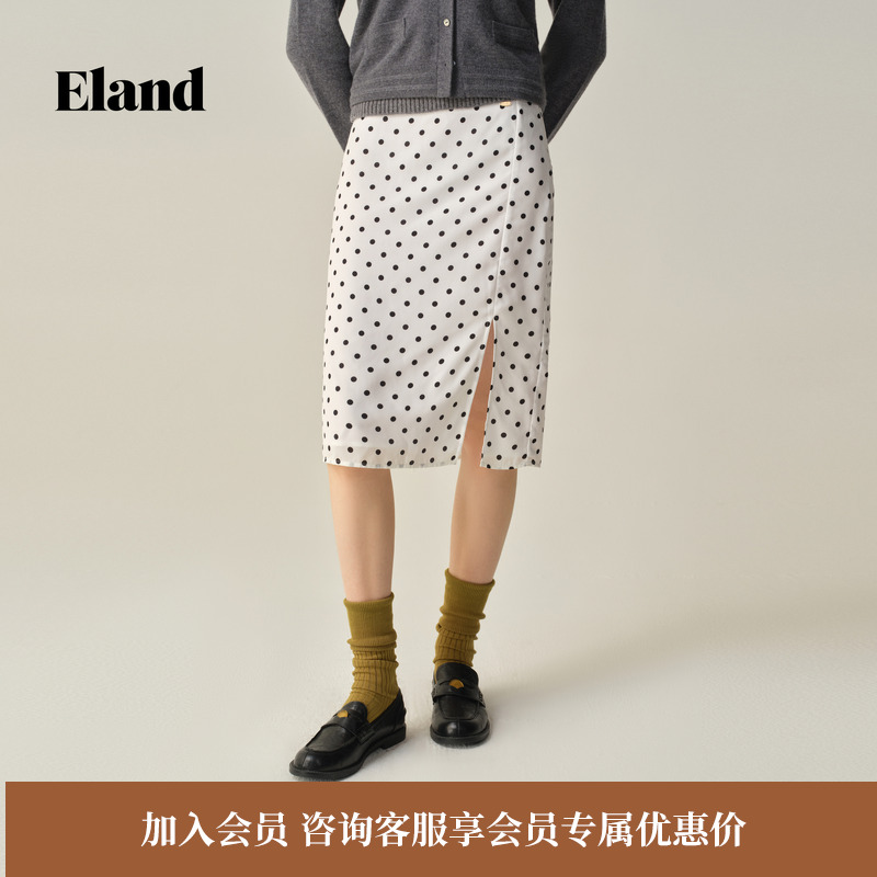 ELAND直筒裙开衩中长裙波点