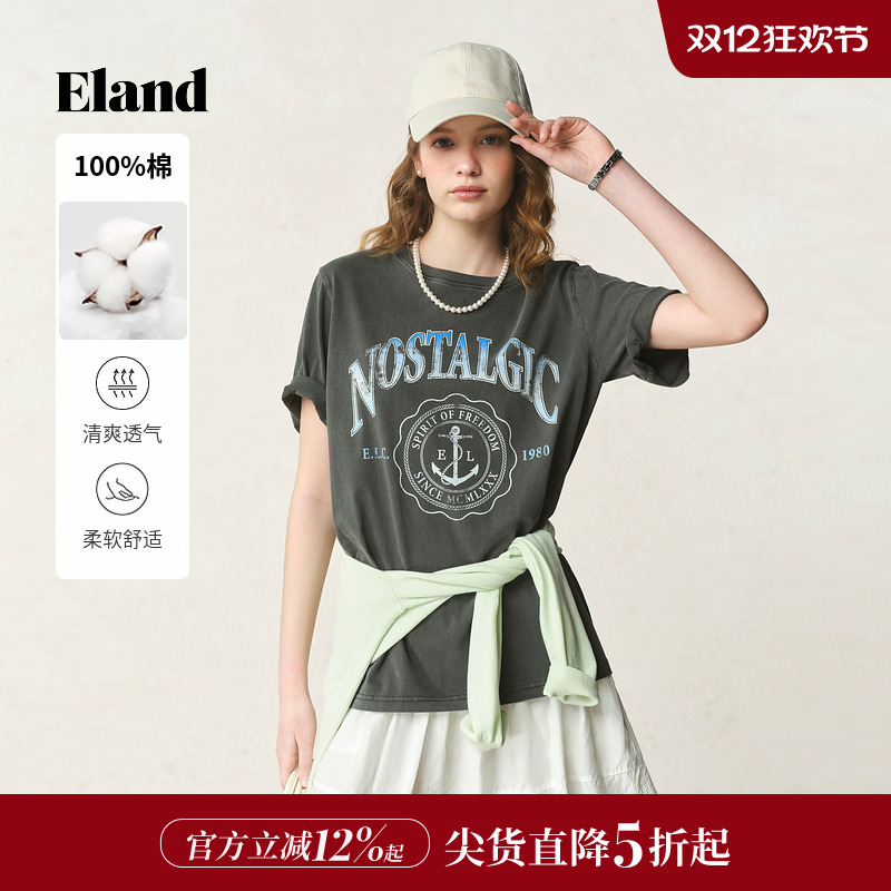 ELAND海军风T恤印花宽松短袖