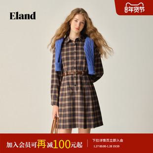 Eland衣恋连衣裙女收腰翻领衬衫式格纹裙2025冬季新款
