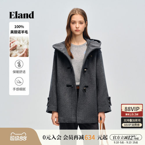 ELAND毛呢外套女牛角扣羊毛大衣