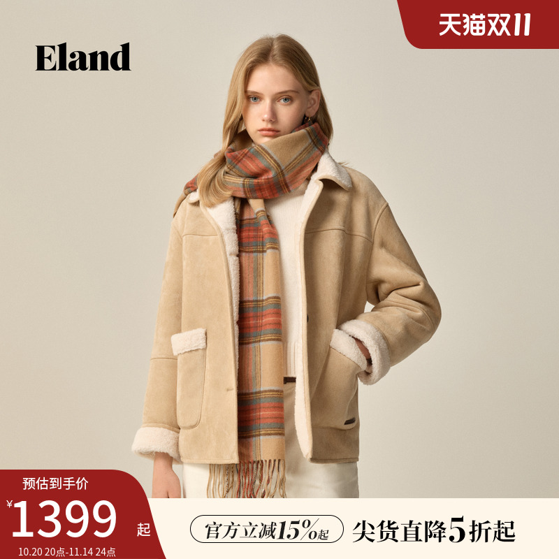 Eland衣恋仿羊羔绒外套摇粒绒外套女大口袋短外套2025冬季新款