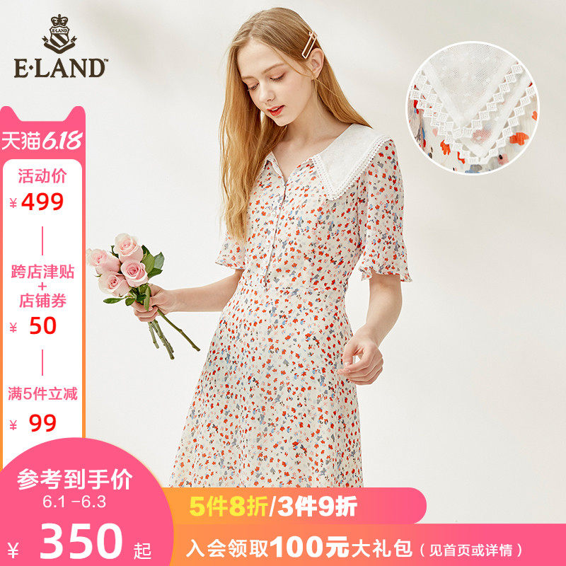 ELAND2020新款夏季娃娃领清新碎花法式连衣裙女EEOWA6406I