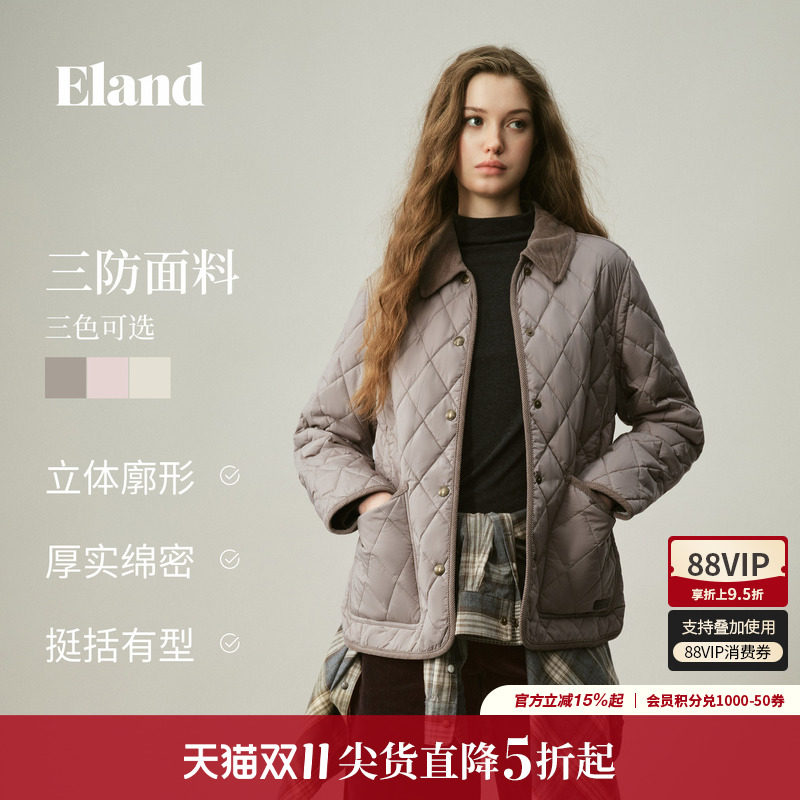 ELAND学院菱格翻领三防棉服外套