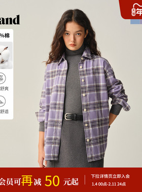 【100%棉】Eland衣恋衬衫女休闲宽松翻领撞色上衣2025冬季新款